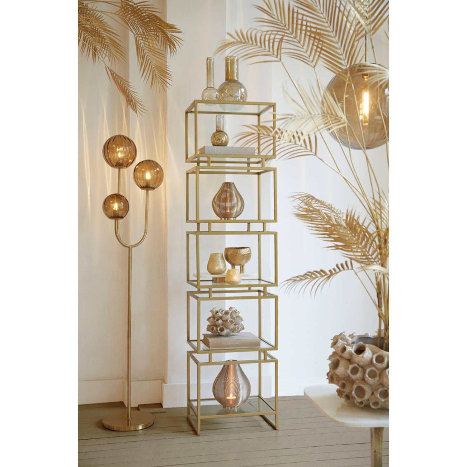 Vloerlamp 3L E14 38x20x162 cm MAGDALA glas bruin+goud