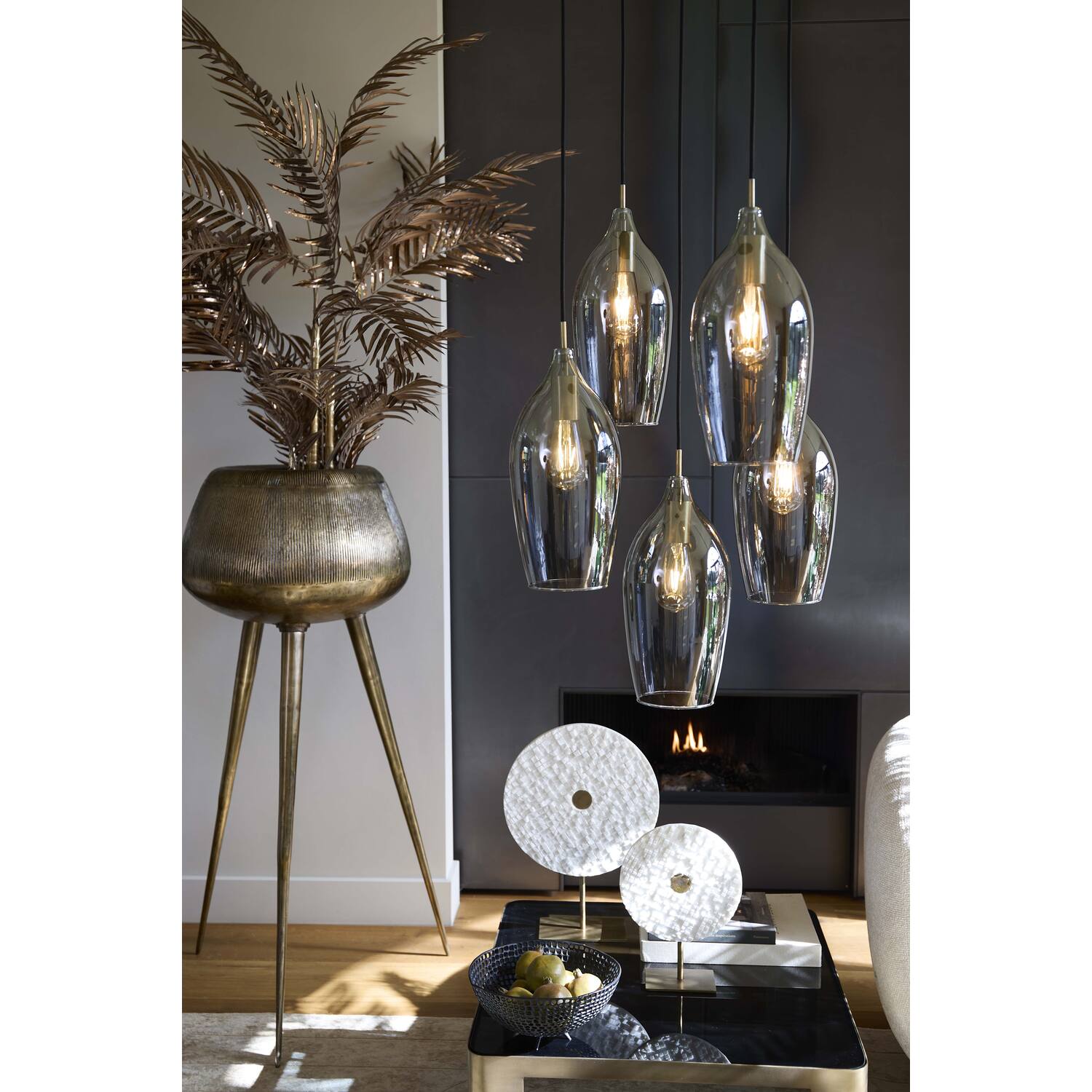 Hanging lamp 5L Ø45x36 cm LUKARO antique bronze+glass smoked