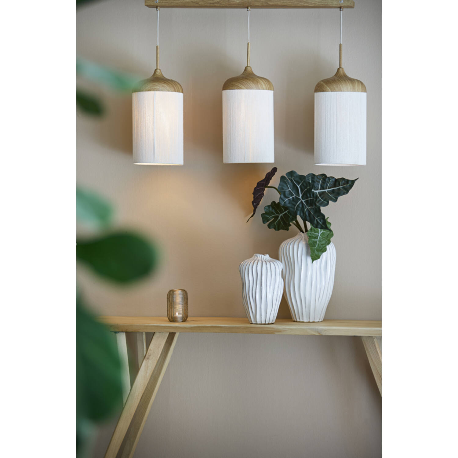Hanglamp 3L 90x22x32 cm DANIA hout print naturel+touw crème