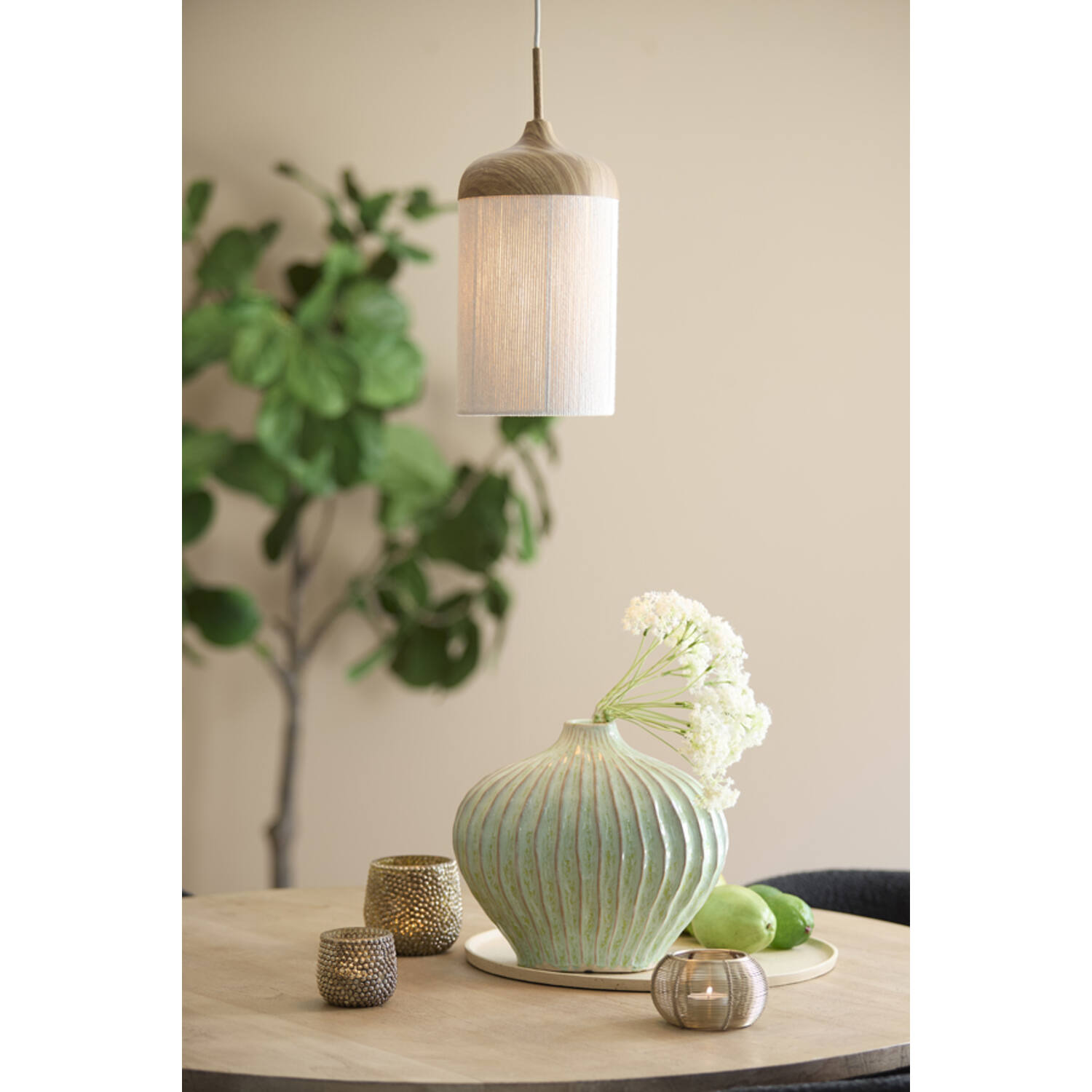 Hanging lamp Ø16x31 cm DANIA wood print natural+rope cream