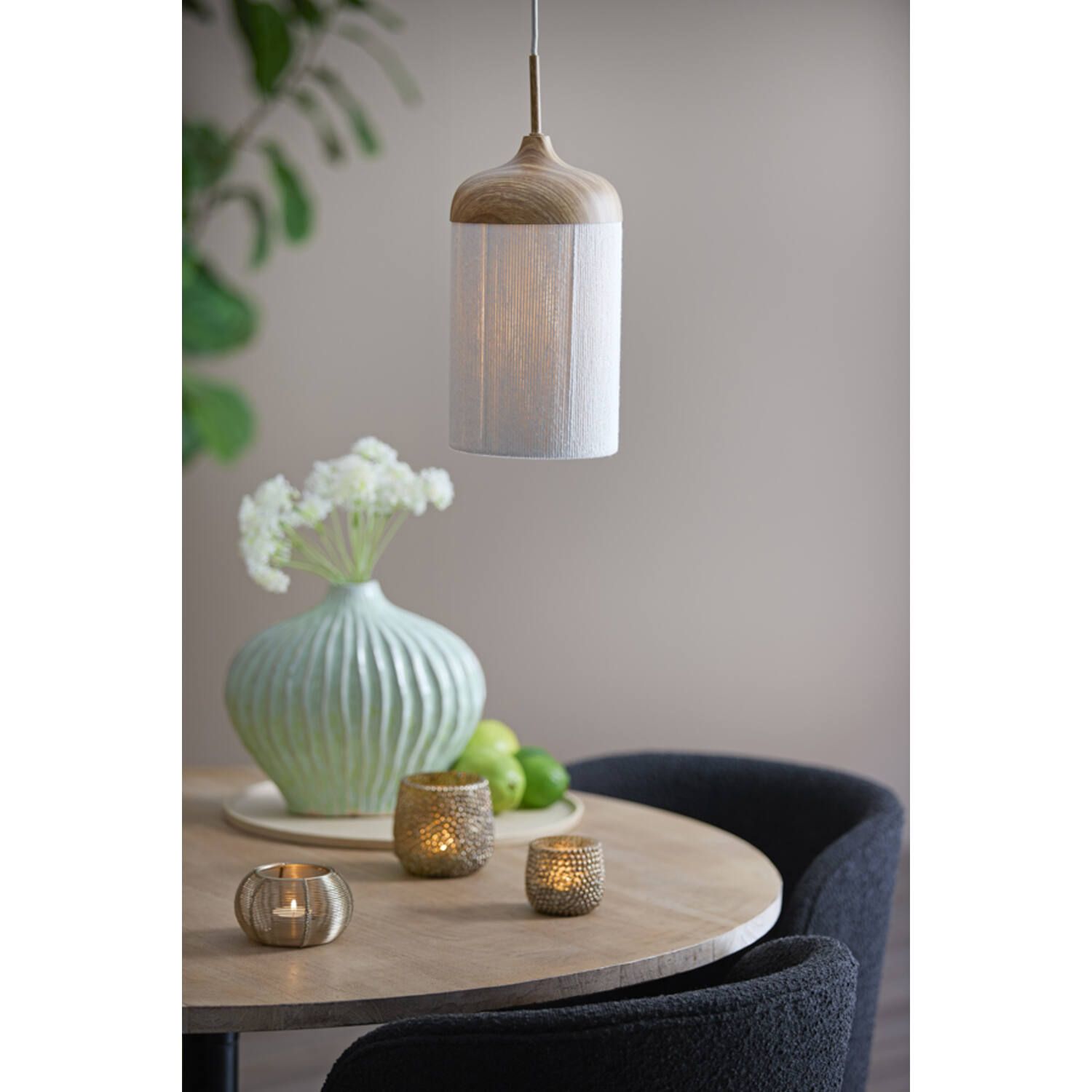 Hanging lamp Ø16x31 cm DANIA wood print natural+rope cream