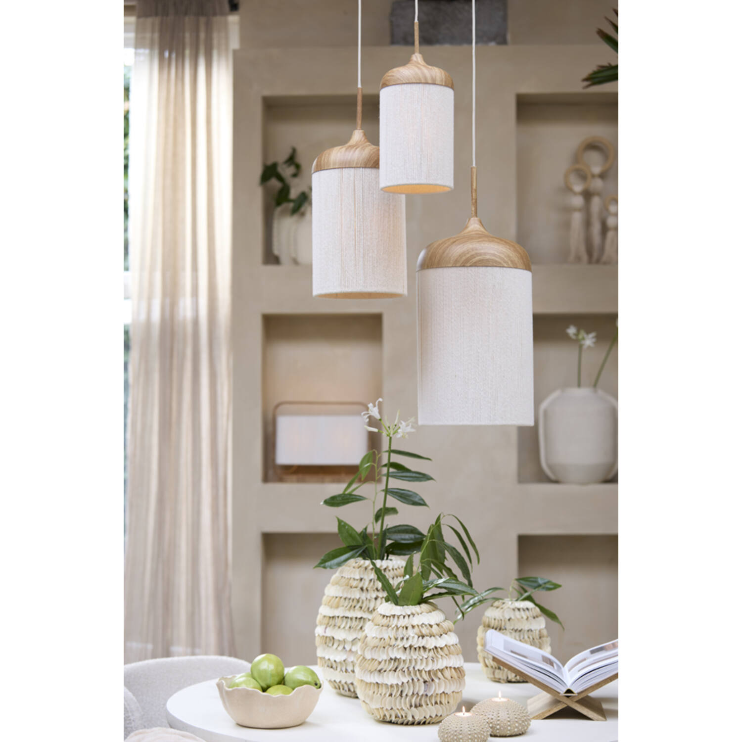 Hanglamp Ø27,5x52 cm DANIA hout print naturel+touw crème