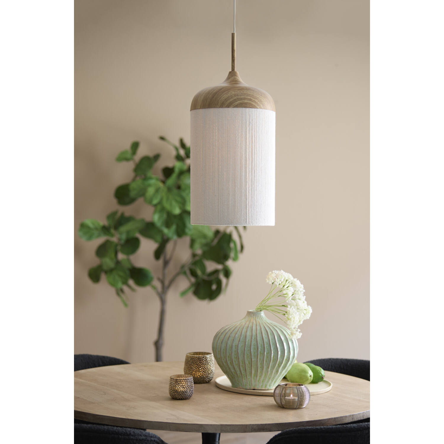 Hanglamp Ø27,5x52 cm DANIA hout print naturel+touw crème