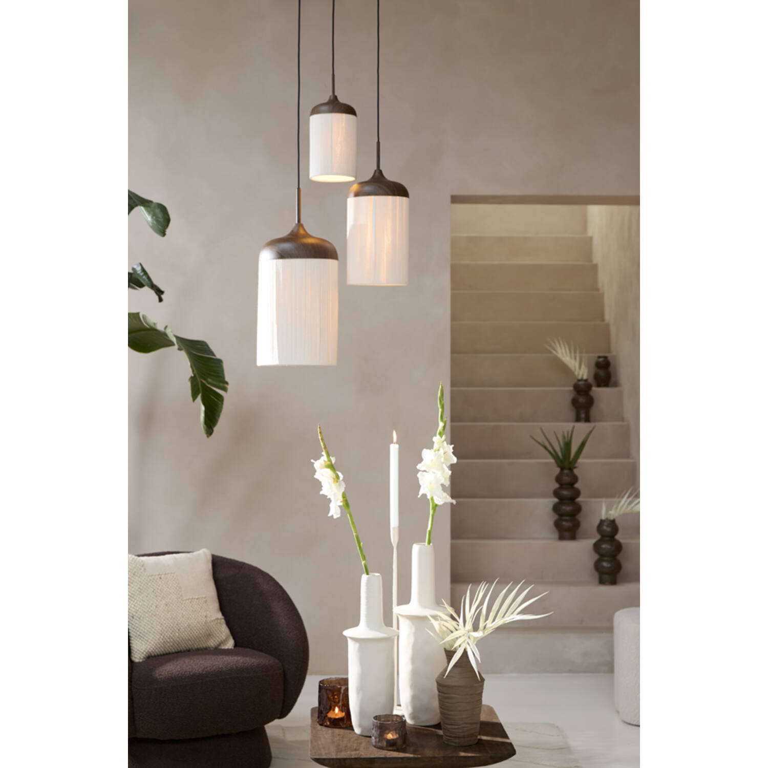 Hanglamp Ø27,5x52 cm DANIA hout print d bruin+touw crème