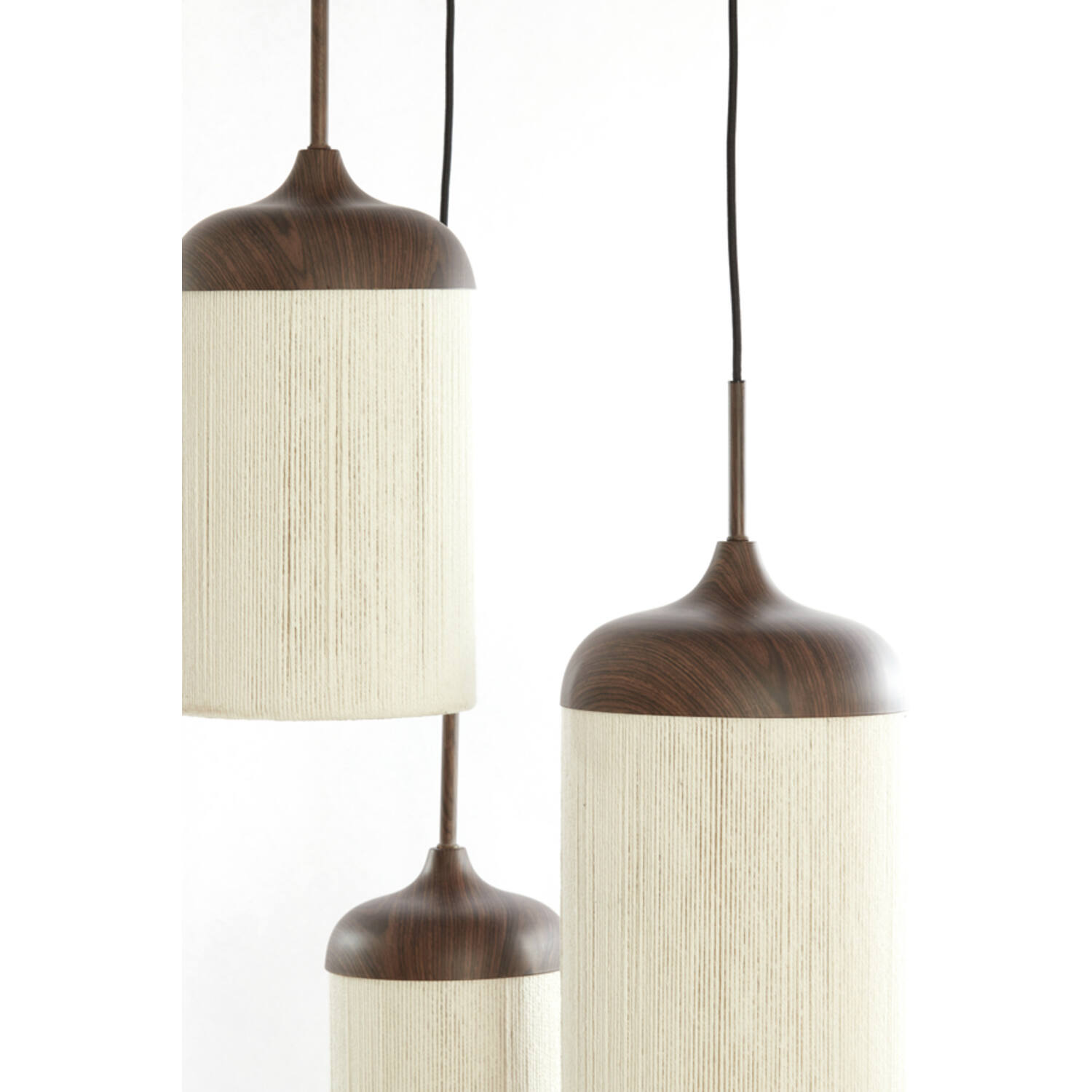 Hanglamp 3L Ø35x32 cm DANIALO hout print d bruin+touw crème