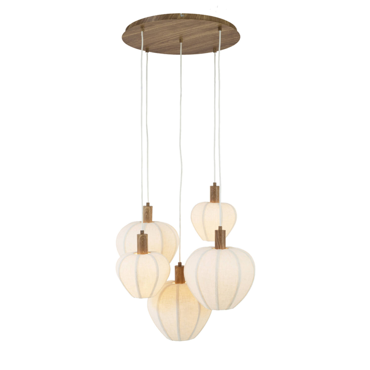 Hanging lamp 5L Ø76x80 cm HUXI wood print nat.+linen cream