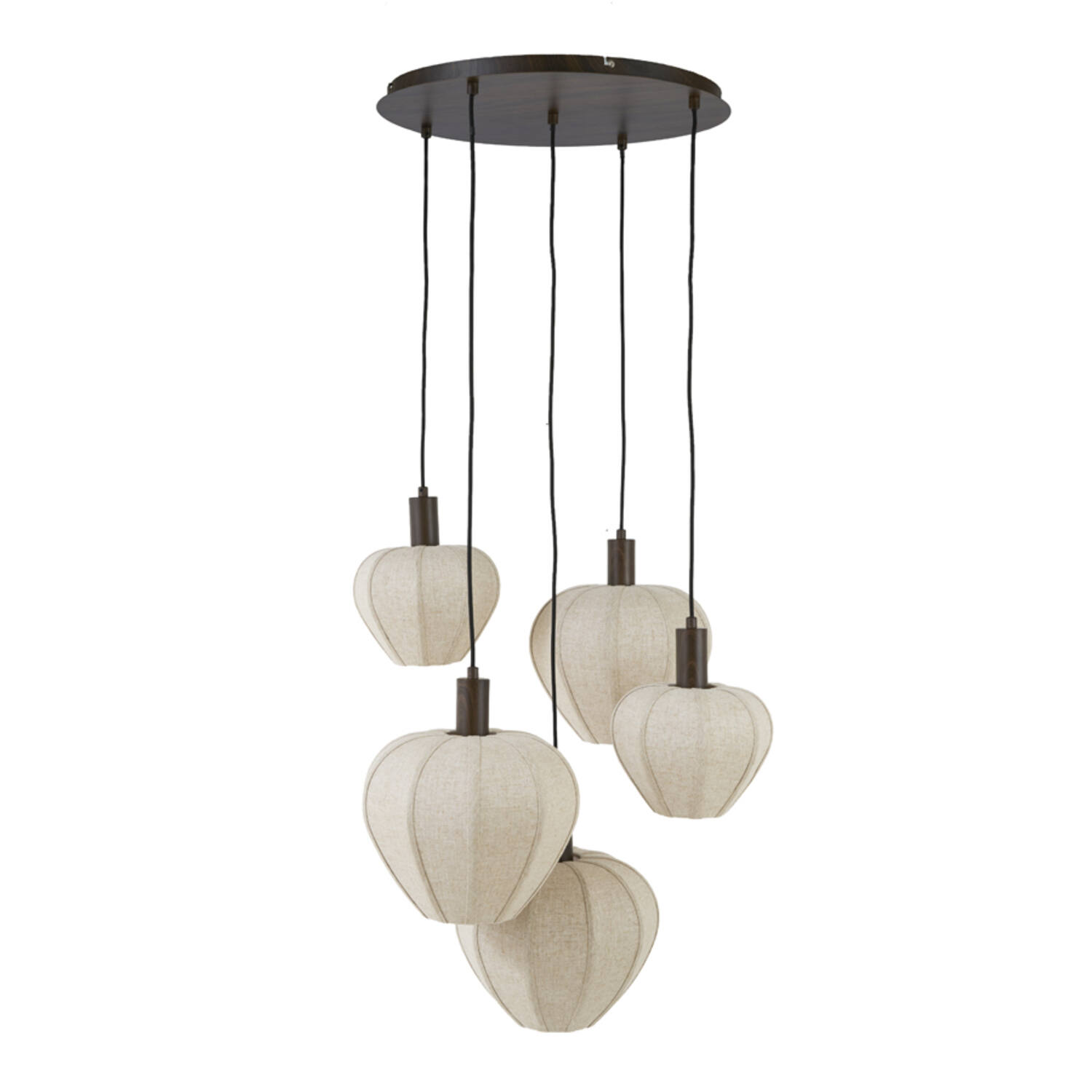 Hanging lamp 5L Ø76x80 cm HUXI wood prnt d brwn+linen nat.