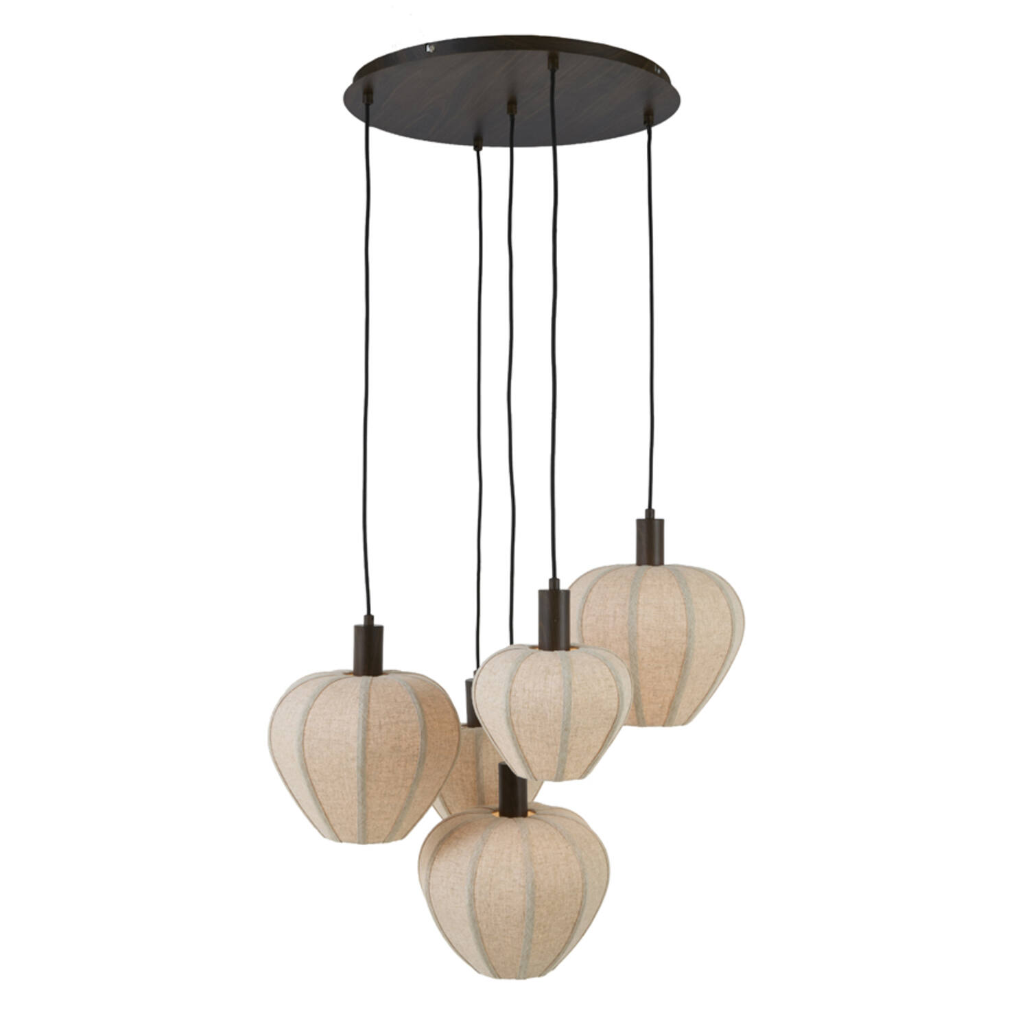 Hanging lamp 5L Ø76x80 cm HUXI wood prnt d brwn+linen nat.