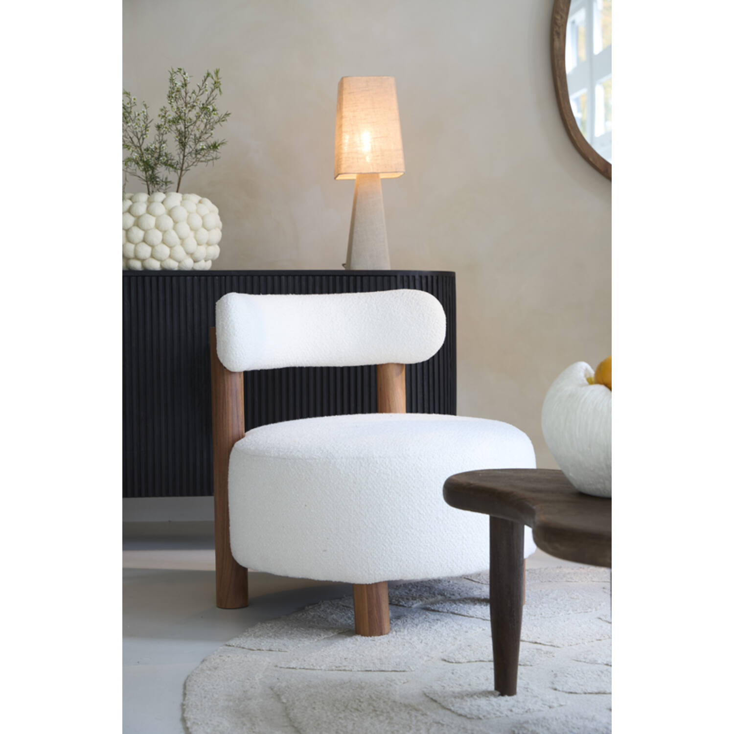 Stoel Ø74x74 cm FERENTINO acacia hout naturel+bouclé crème