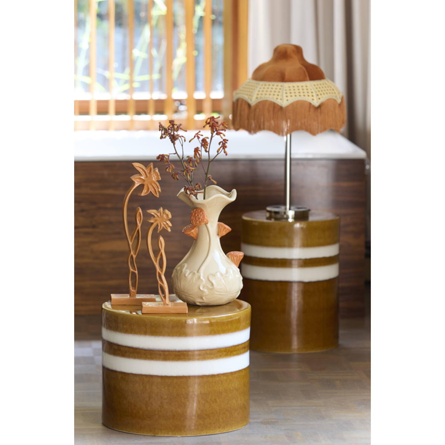Bijzettafel Ø33x44 cm MOOCA keramiek cognac-wit
