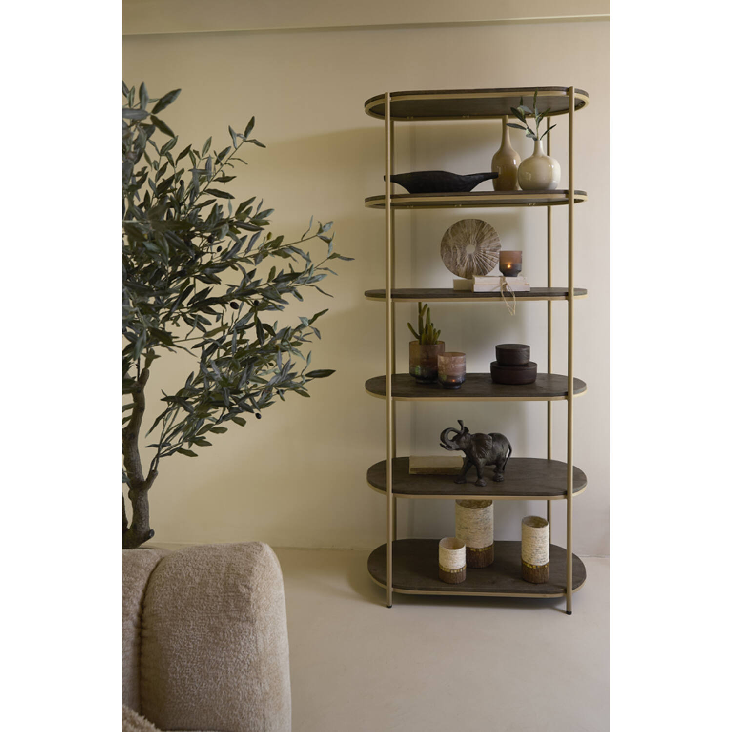 Cabinet open 90x38x200 cm QIO wood oil brown+matt beige