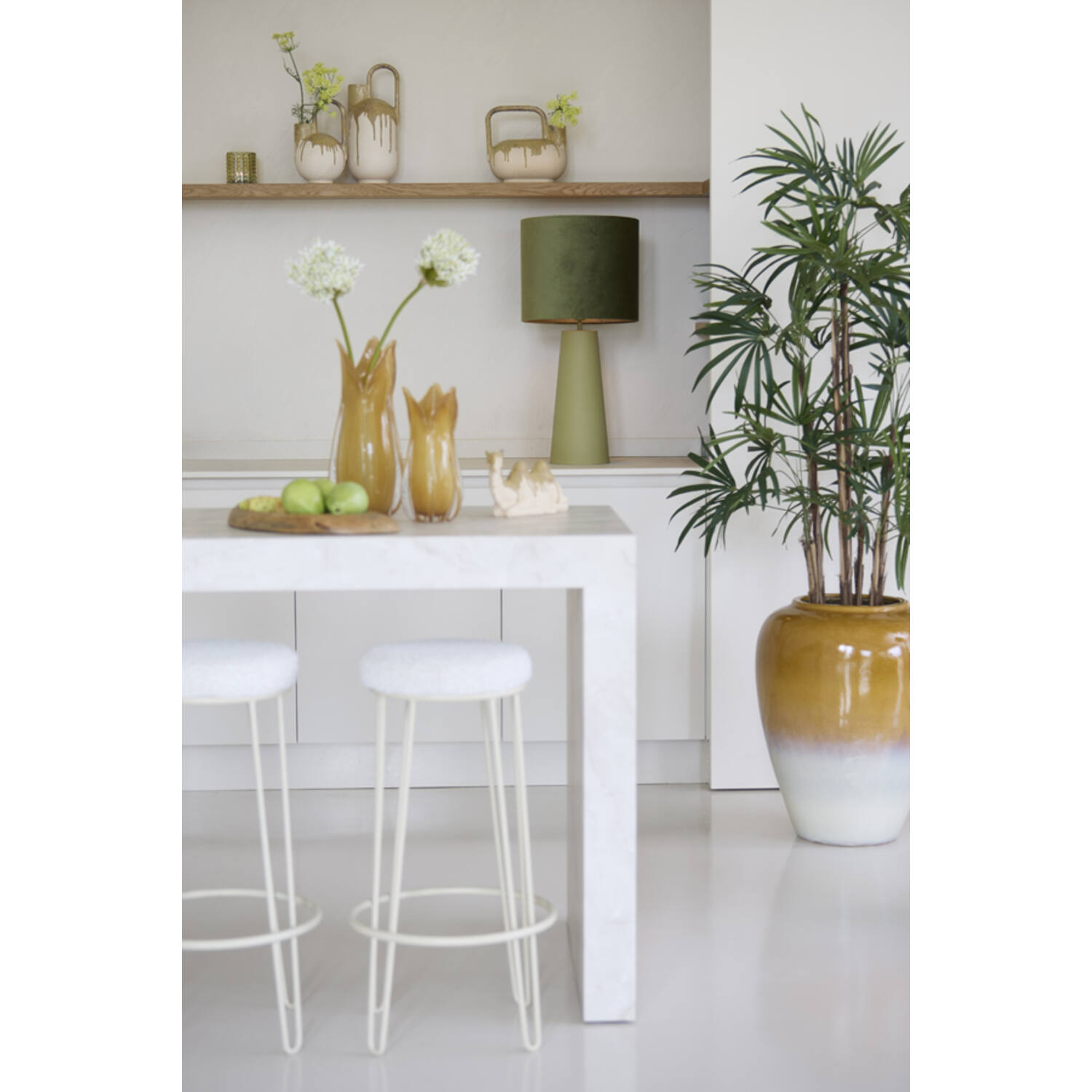 Vaas deco 16,5x15,5x37 cm SERRES keramiek crème+olijf groen