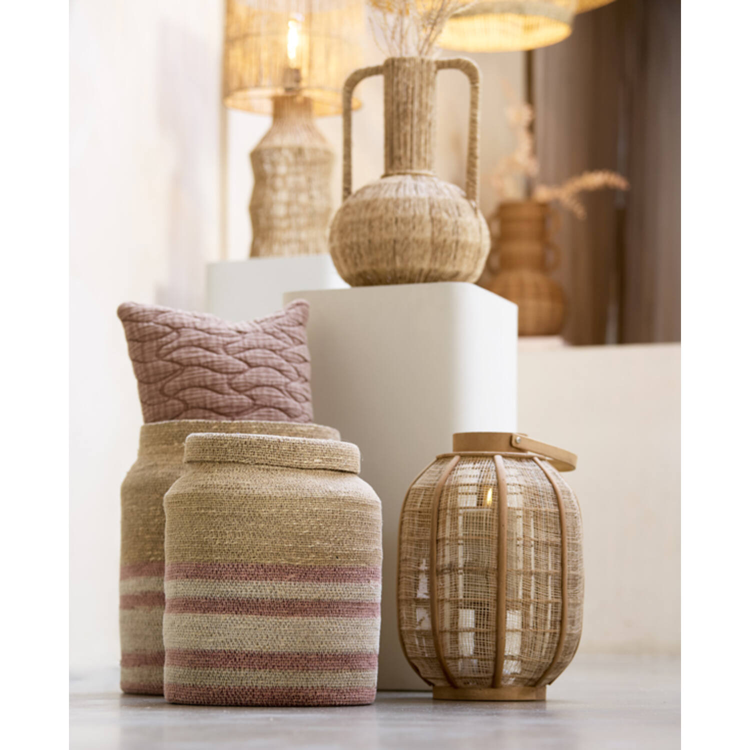 Basket S/2 Ø25x32,5+Ø33x37 cm BETANIA seagrass naturl+l pink