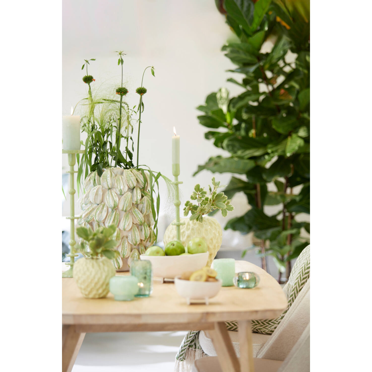 Vaas deco 35x33x47 cm CARAMBOLA keramiek crème+groen