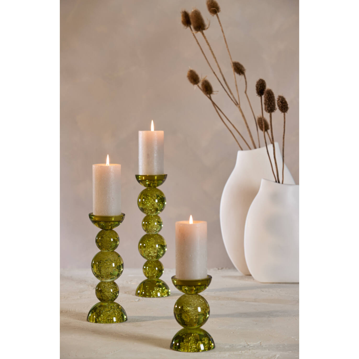 Candle stick Ø10x26,5 cm ITINGA glass bubble olive green