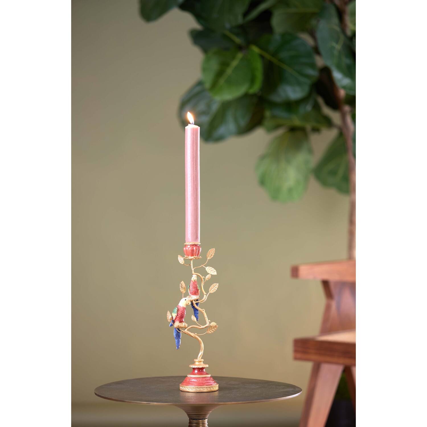 Candle stick 14x9x32,5 cm BIRD coral red+gold
