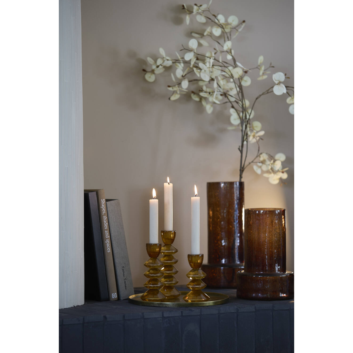 Candle stick Ø8x17 cm ROVELO glass milky dark brown