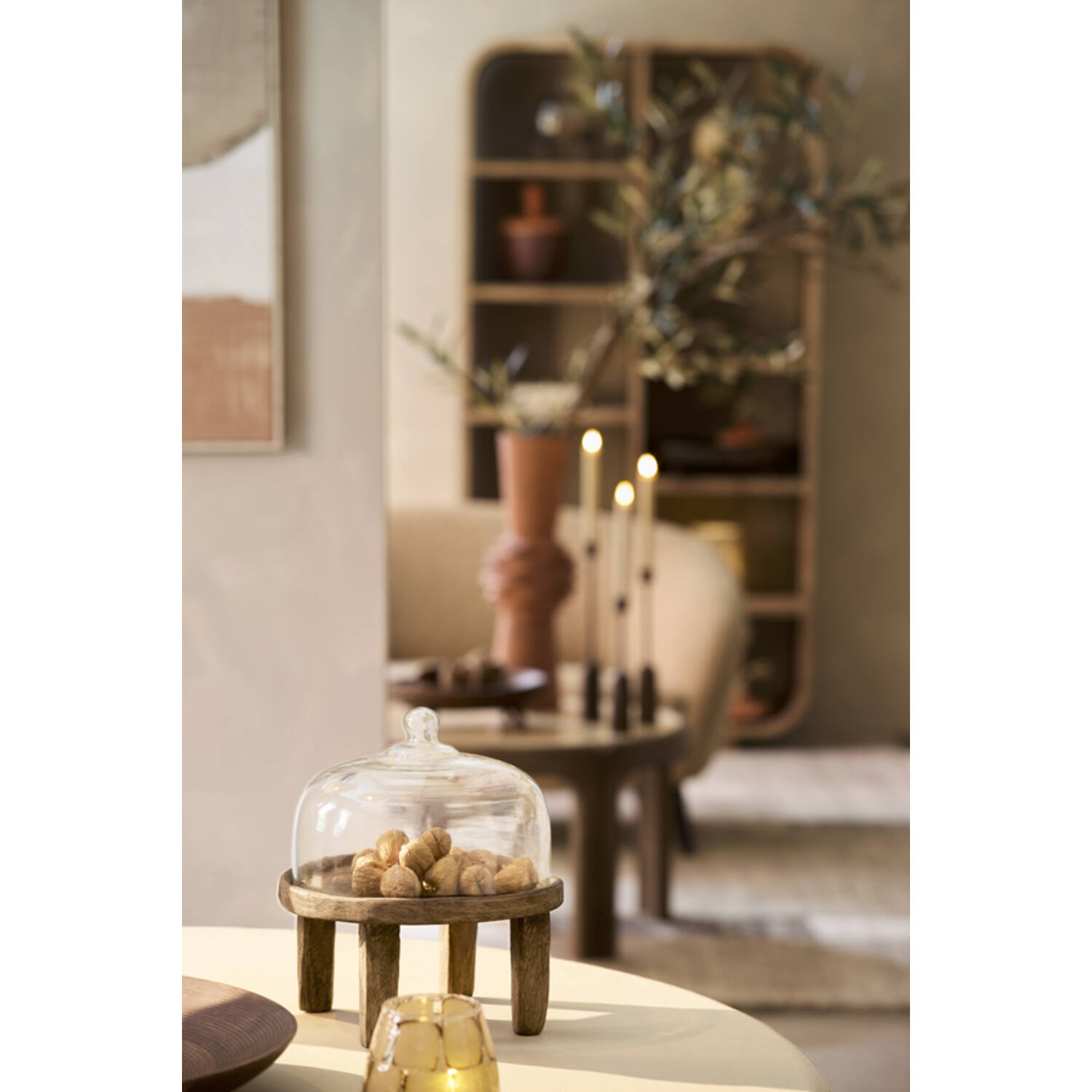 Dish Ø27x30 cm BIA mango wood antique brown+glass clear