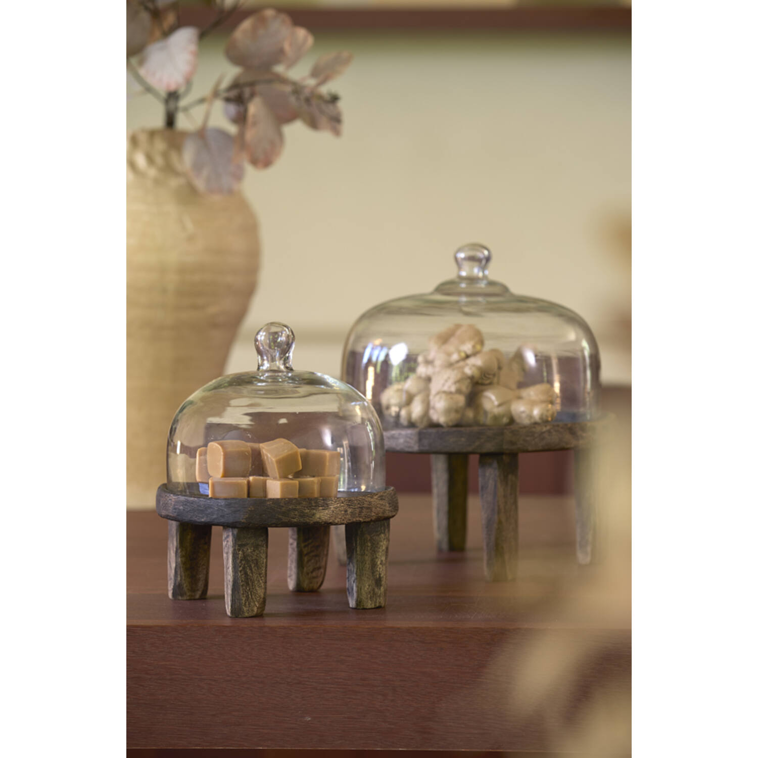 Dish Ø20,5x24 cm BIA mango wood antique brown+glass clear