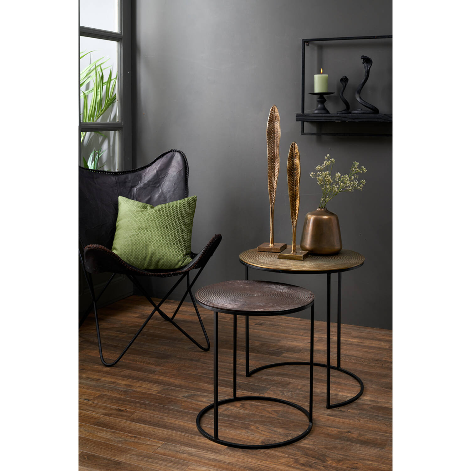 Bijzettafel S/2 Ø41x46+Ø49x52 cm TALCA ant koper+brns circ