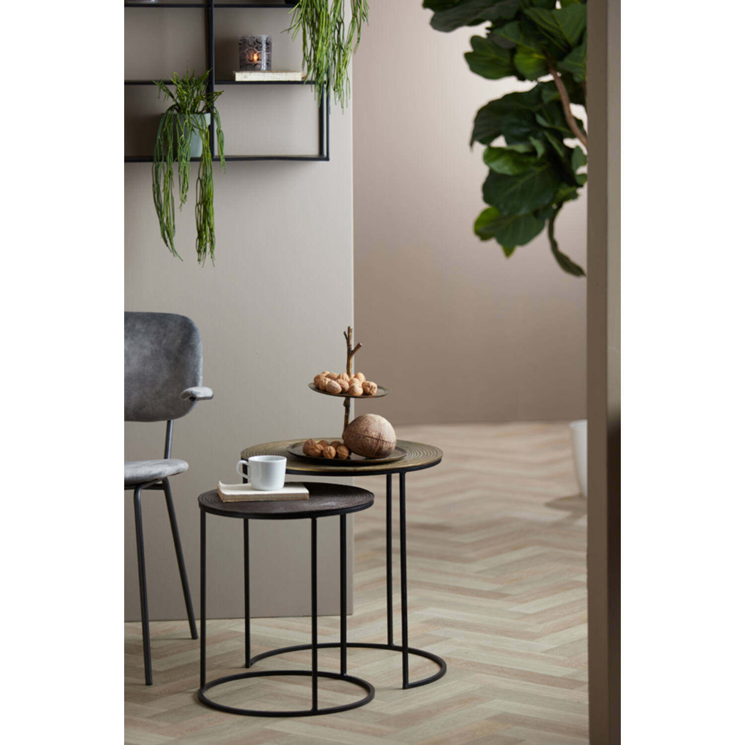 Bijzettafel S/2 Ø41x46+Ø49x52 cm TALCA ant koper+brns circ