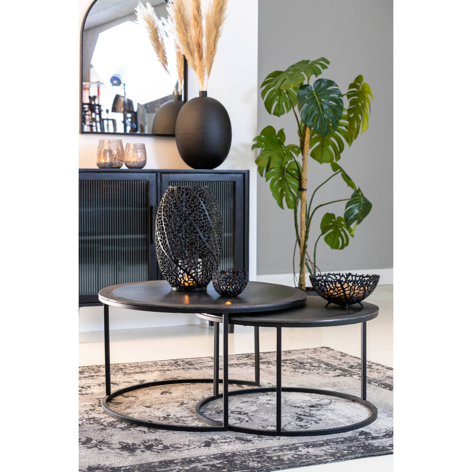 Salontafel S/2 Ø67,5x39,5+Ø75x45 cm TALCA lood antiek edge