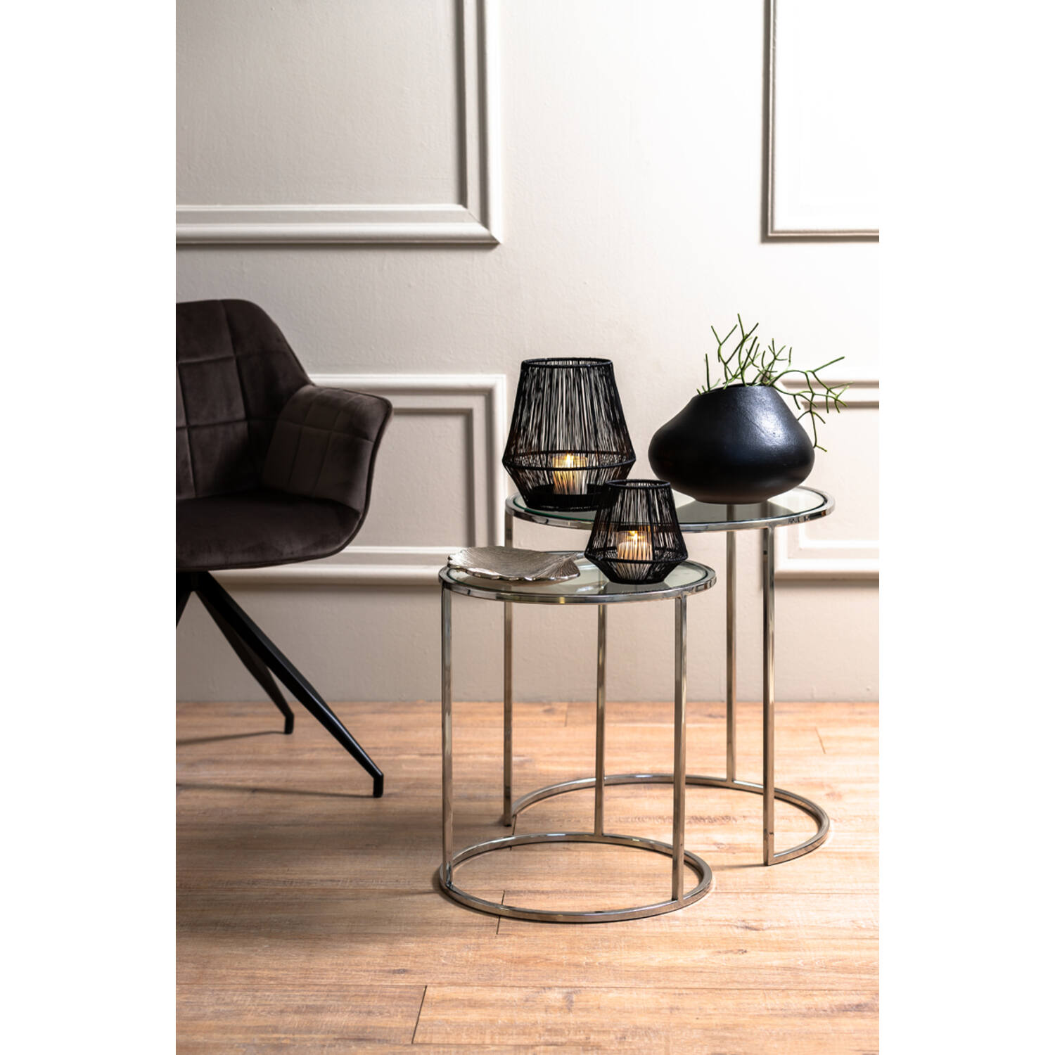 Bijzettafel S/2 Ø40x45+Ø50x52 cm DUARTE nikkel+glas