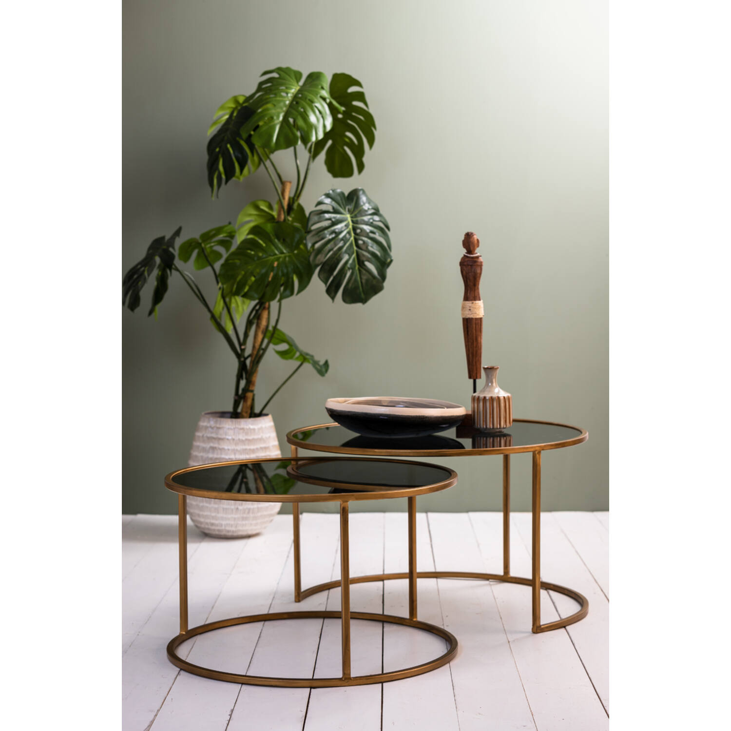 Salontafel S/2 Ø65x39+Ø75x44 cm DUARTE smoke glas-goud