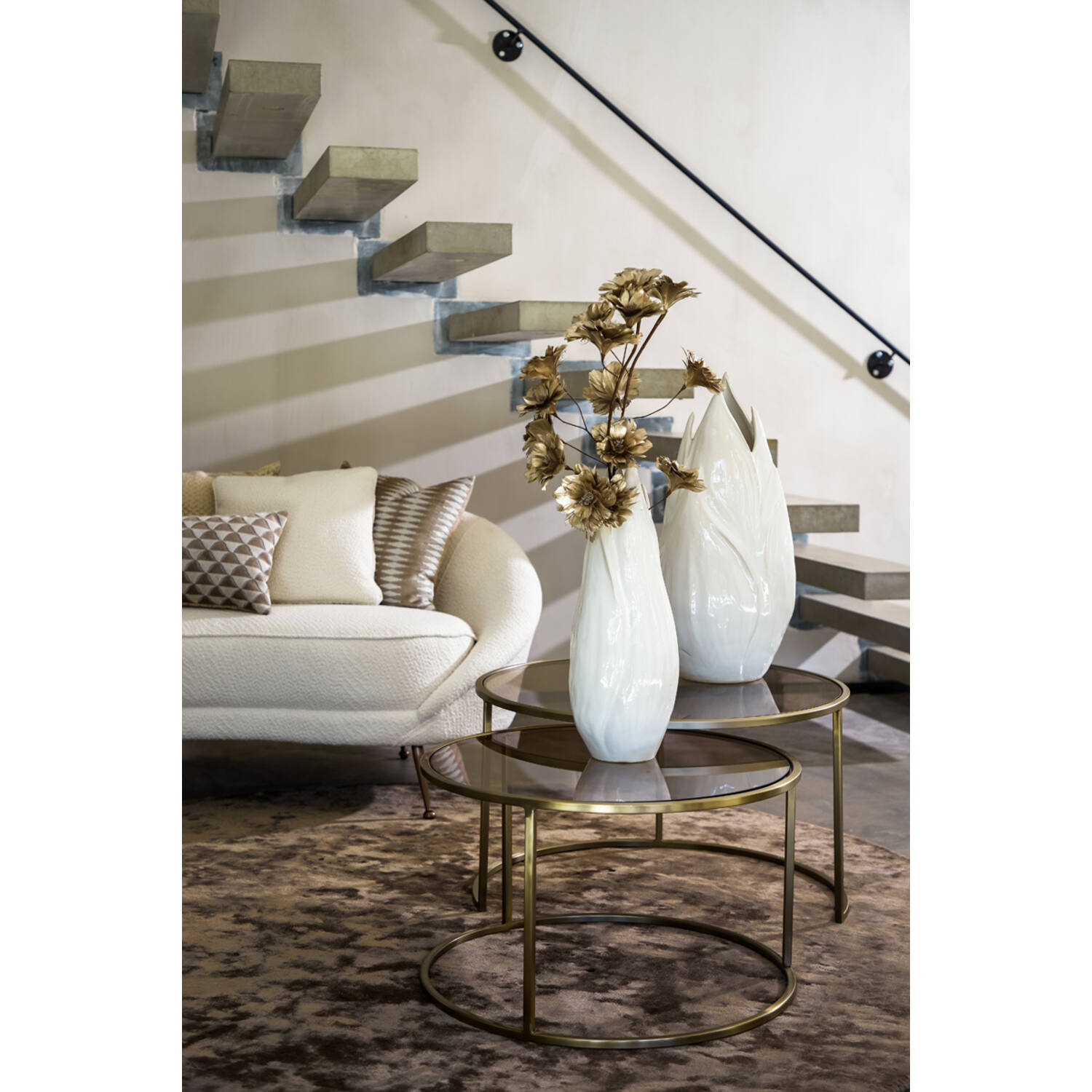 Salontafel S/2 Ø65x39+Ø75x44 cm DUARTE gls bruin+licht goud
