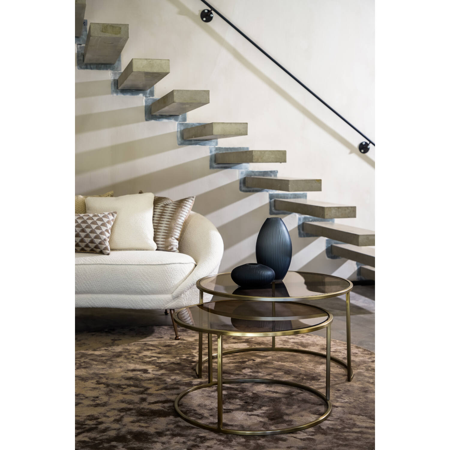 Salontafel S/2 Ø65x39+Ø75x44 cm DUARTE gls bruin+licht goud
