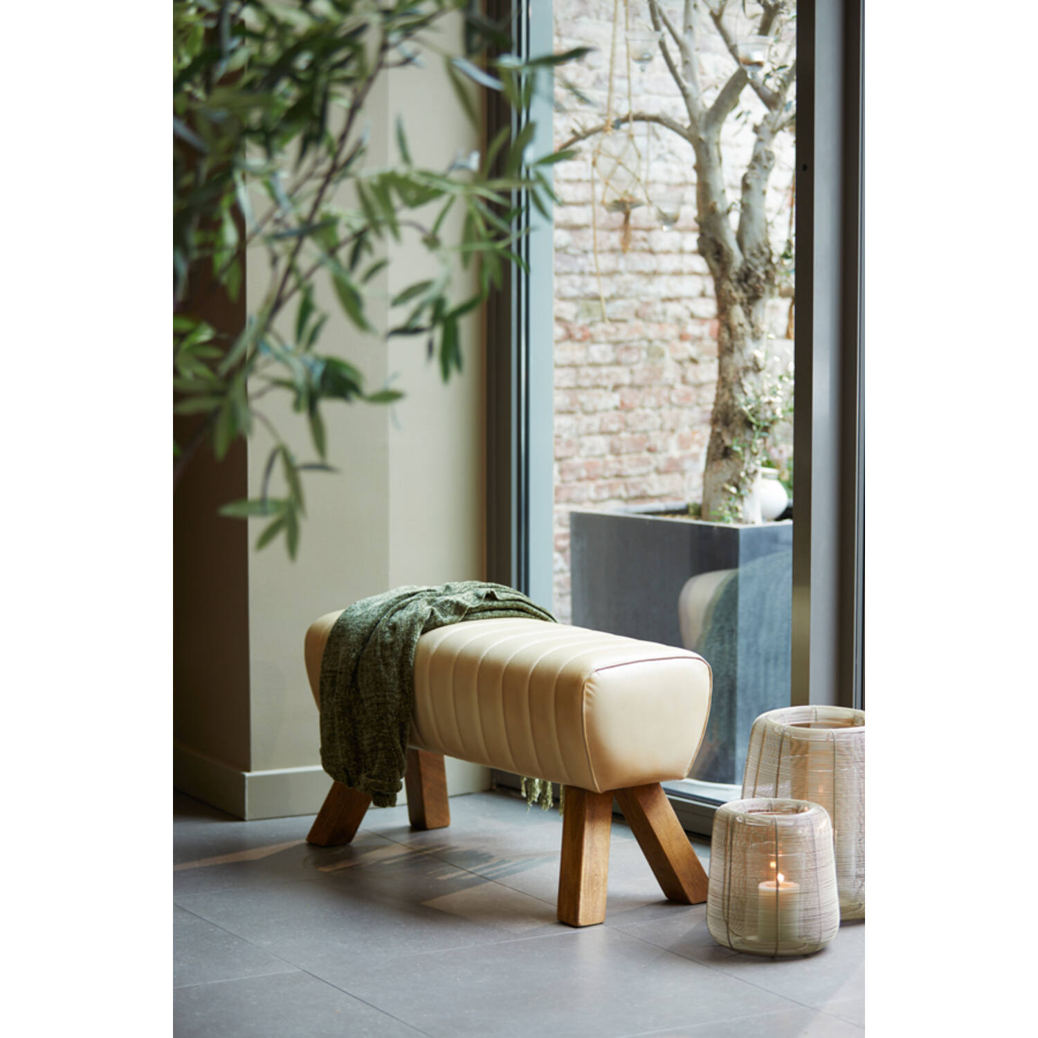 Bench 90x31x46 cm RAMY leather sand+wood natural