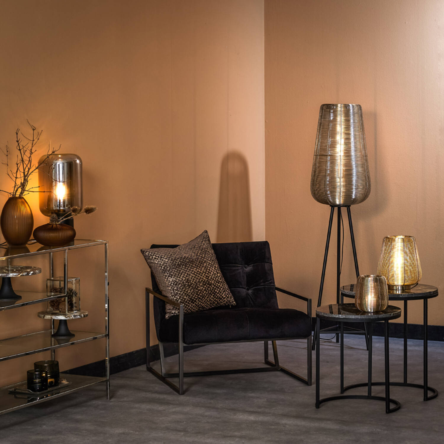 Side table S/2 Ø41x48+Ø49x53,5 cm ALFIO d brown marble+black