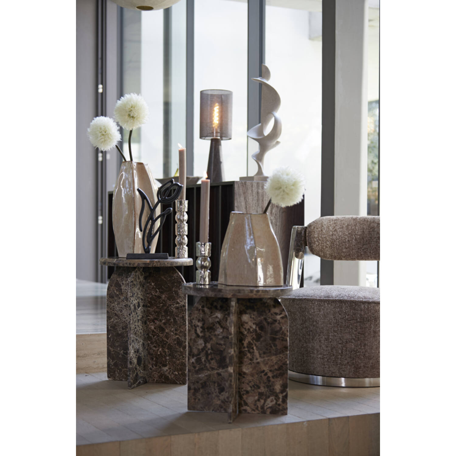 Side table Ø41x48 cm OTINIA marble dark brown