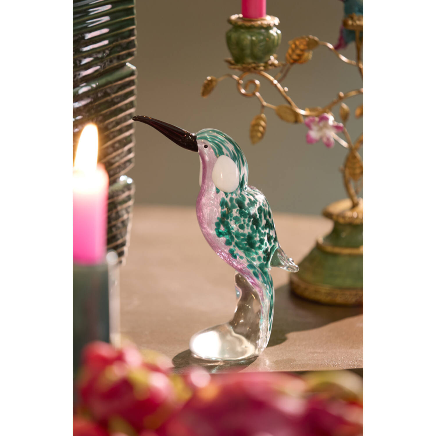 Ornament 14,5x8x19 cm BIRD glass emerald green+pink