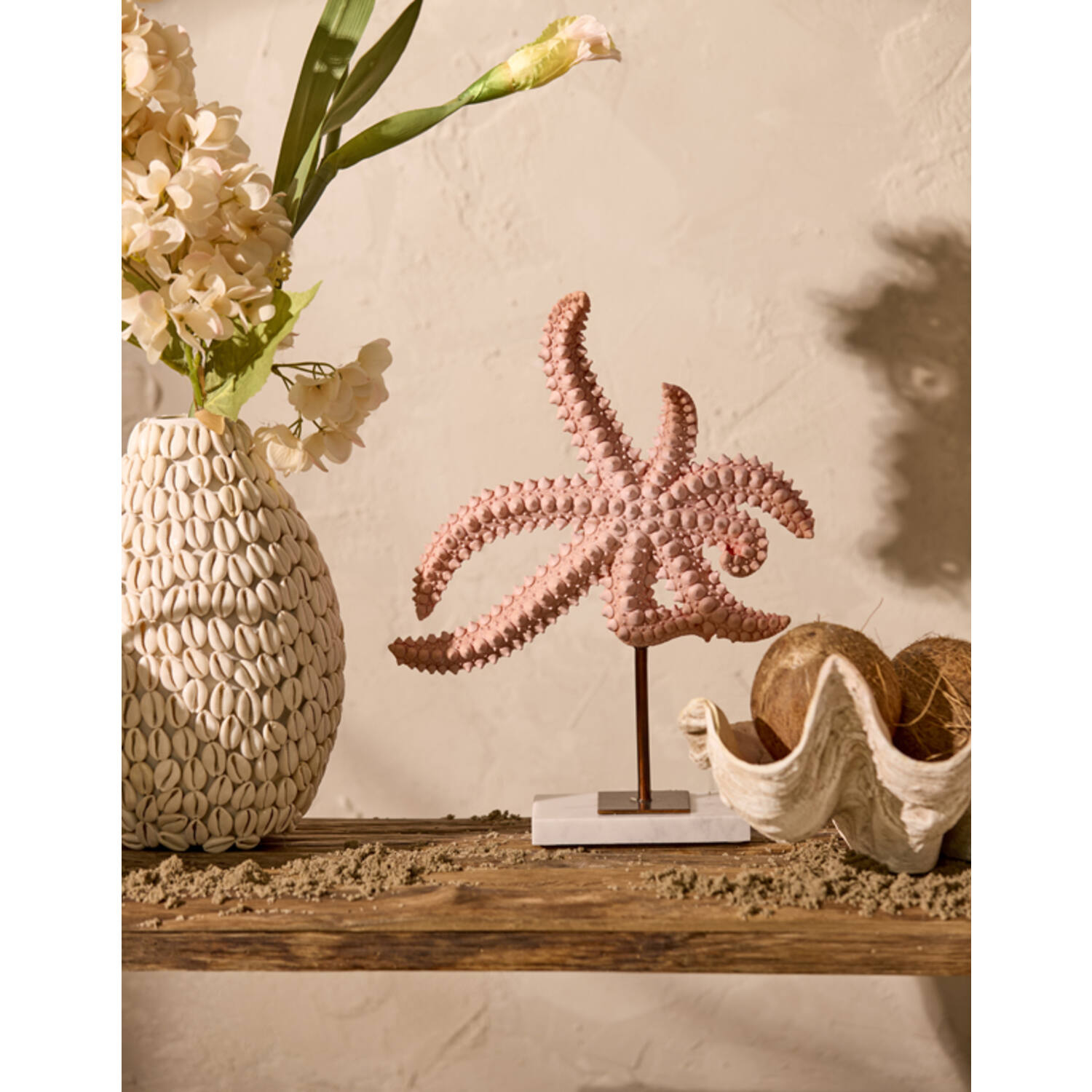 Ornament on base 28x8x36 cm STARFISH light pink+marble white