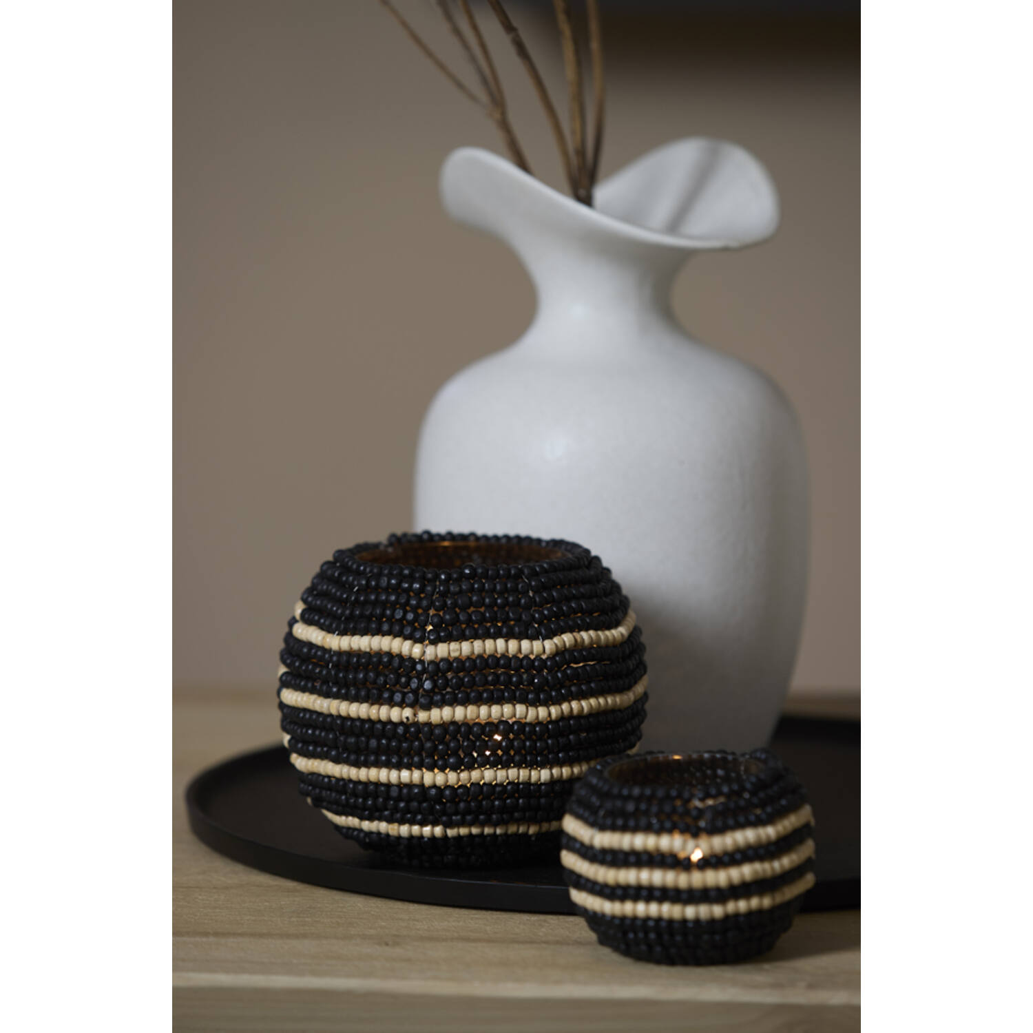 Tealight Ø15x12 cm SUELO glass+beads black+cream