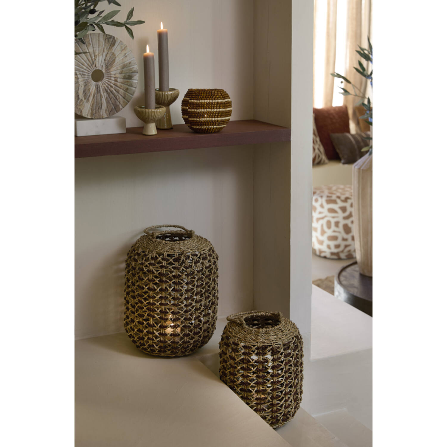 Tealight Ø15x12 cm SUELO glass+beads brown+cream