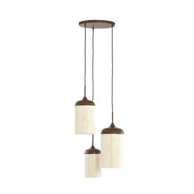 Hanging lamp 3L Ø35x32 cm DANIA wood prnt d brwn+rope crm