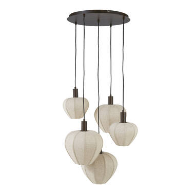 Hanging lamp 5L Ø76x80 cm HUXI wood prnt d brwn+linen nat.