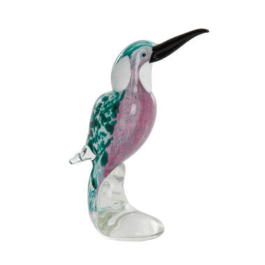Ornament 14,5x8x19 cm BIRD glas emerald groen+roze