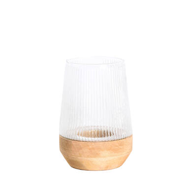 Windlicht Ø18x26 cm MINAS glas ribbel helder+hout naturel