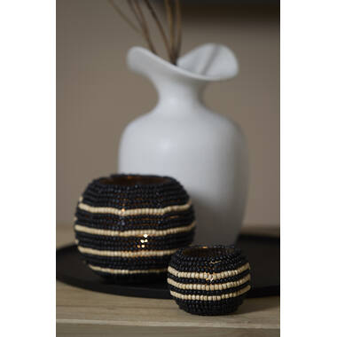 Tealight Ø10x8 cm SUELO glass+beads black+cream