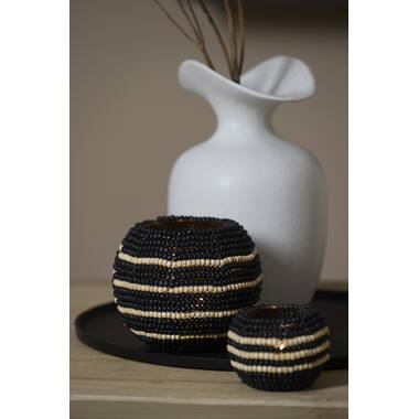 Tealight Ø15x12 cm SUELO glass+beads black+cream