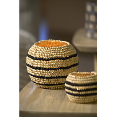 Tealight Ø15x12 cm SUELO glass+beads cream+black