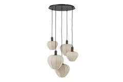 Hanging lamp 5L Ø76x80 cm HUXI wood prnt d brwn+linen nat.