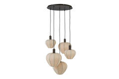 Hanging lamp 5L Ø76x80 cm HUXI wood prnt d brwn+linen nat.