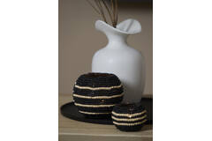 Tealight Ø15x12 cm SUELO glass+beads black+cream